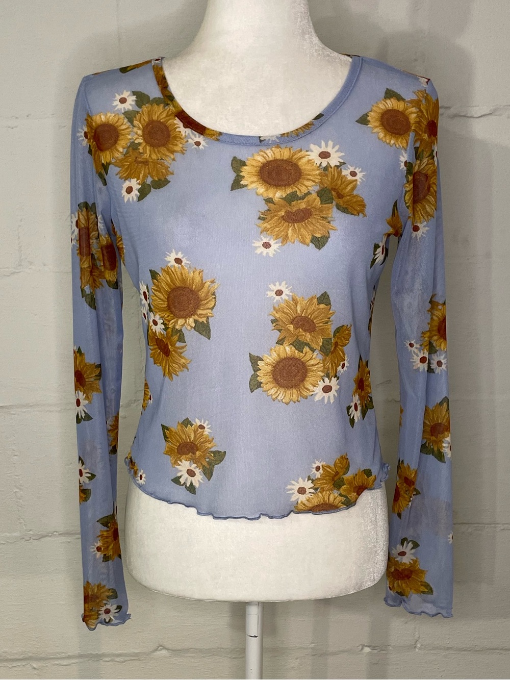 Light Blue Sunflower Long-Sleeve Crop Tee